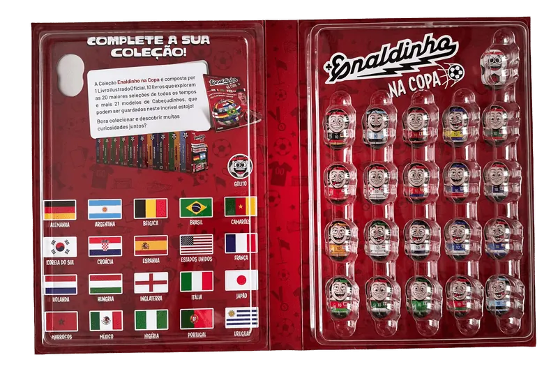 Estojo Colecionador Cabeçudinhos Enaldinho na Copa — aberto mostrando compartimentos para 21 miniaturas